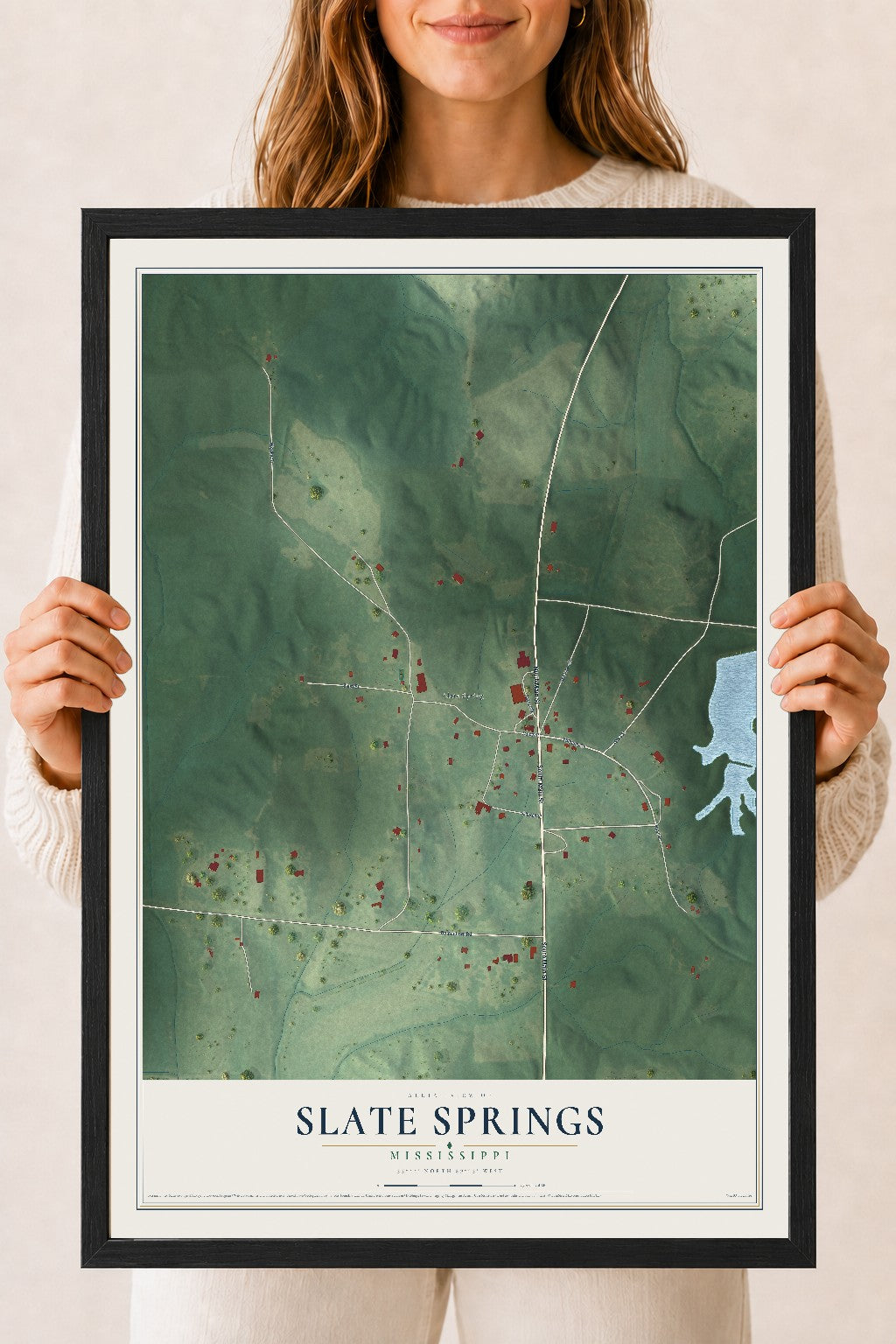 Map of Slate Springs, Mississippi, 18 x 24 inch print in a black wood frame
