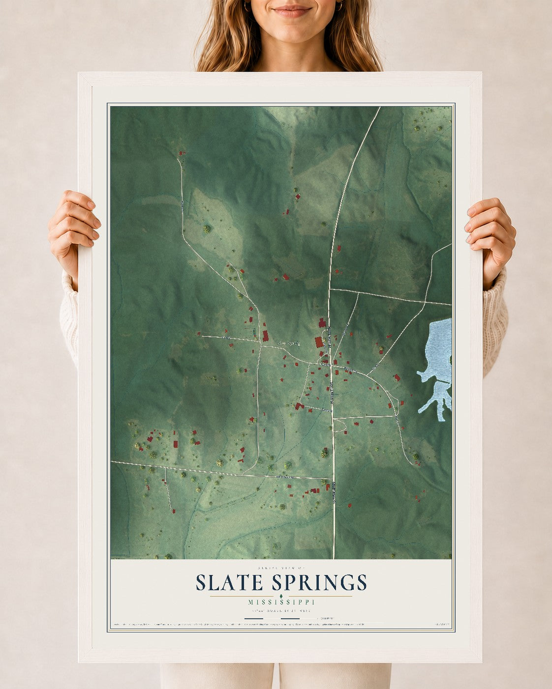 Map of Slate Springs, Mississippi, 24 x 36 inch print in a white wood frame