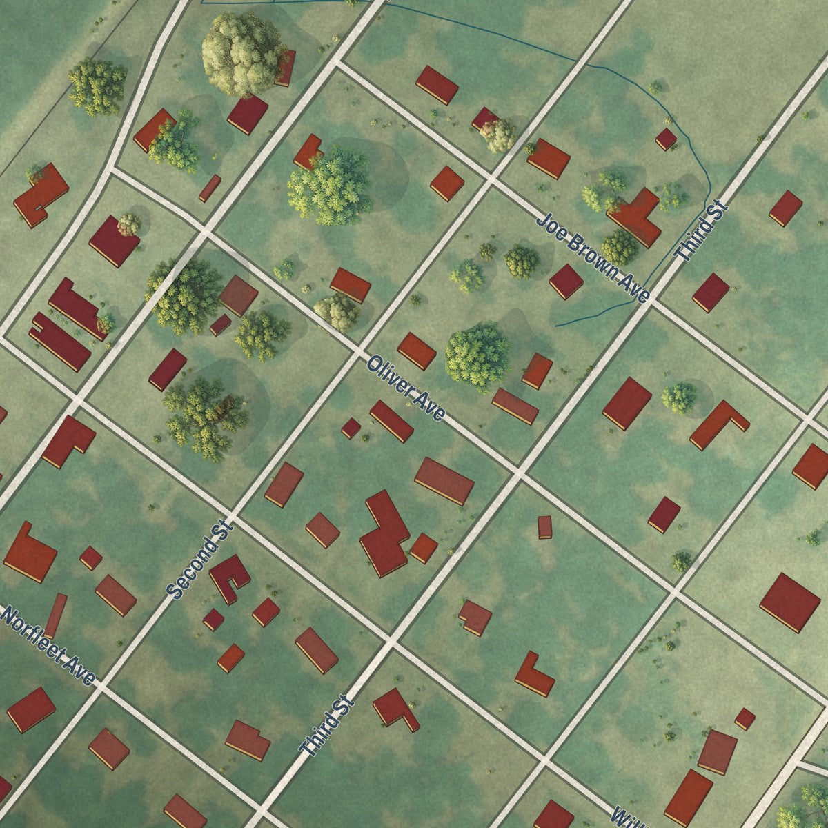 Close-up of the map of Sledge, Mississippi print showing street and building detail