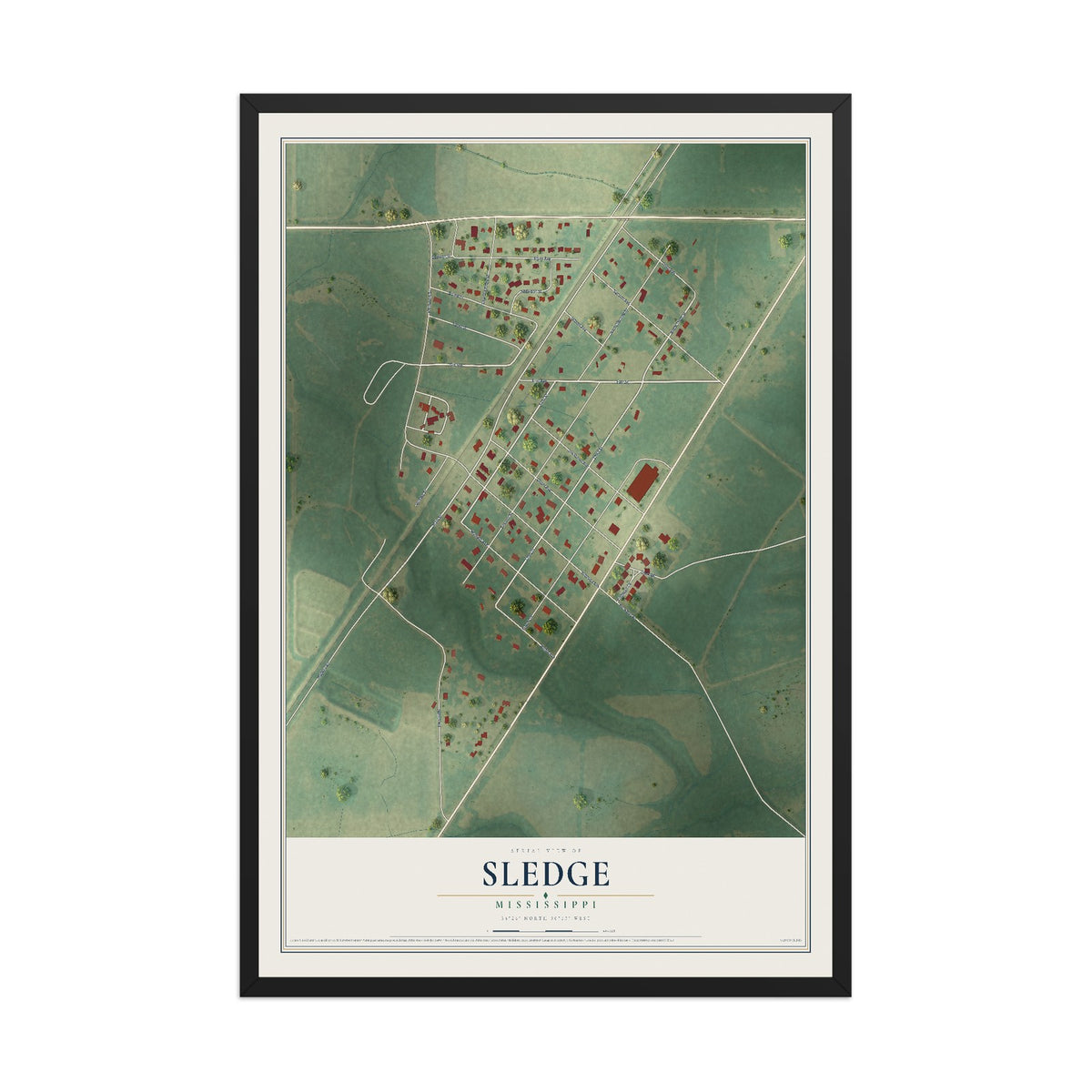 Map of Sledge, Mississippi, 12 x 18 inch print in a black wood frame