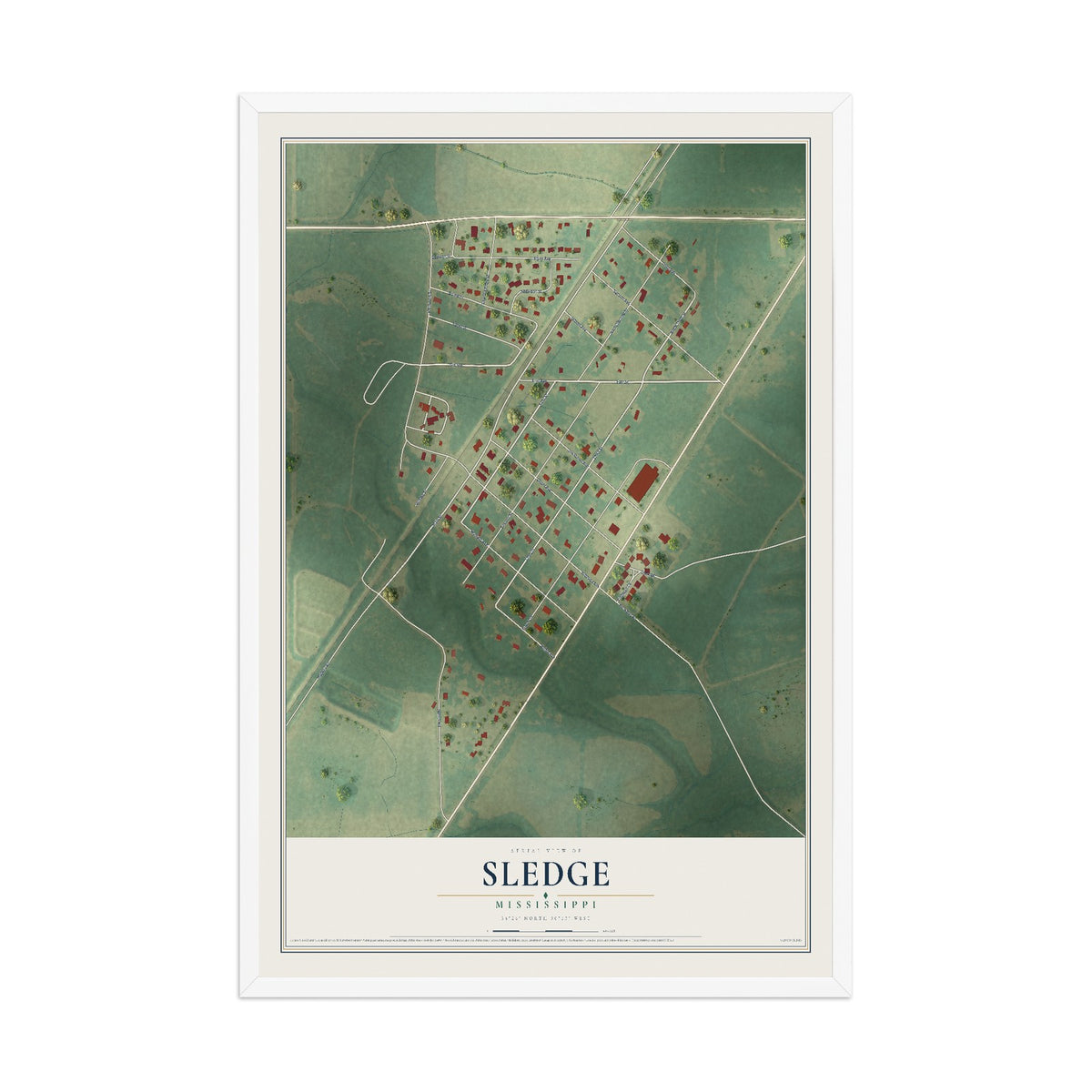 Map of Sledge, Mississippi, 12 x 18 inch print in a white wood frame
