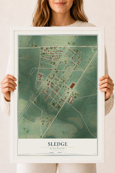 Map of Sledge, Mississippi, 18 x 24 inch print in a white wood frame
