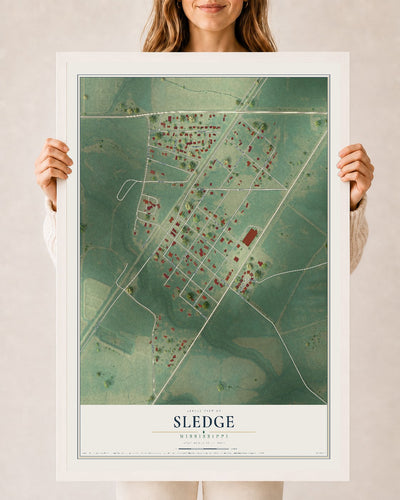 Map of Sledge, Mississippi, 24 x 36 inch print in a white wood frame