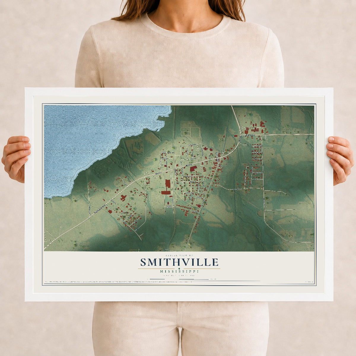 Map of Smithville, Mississippi, 12 x 18 inch print in a white wood frame