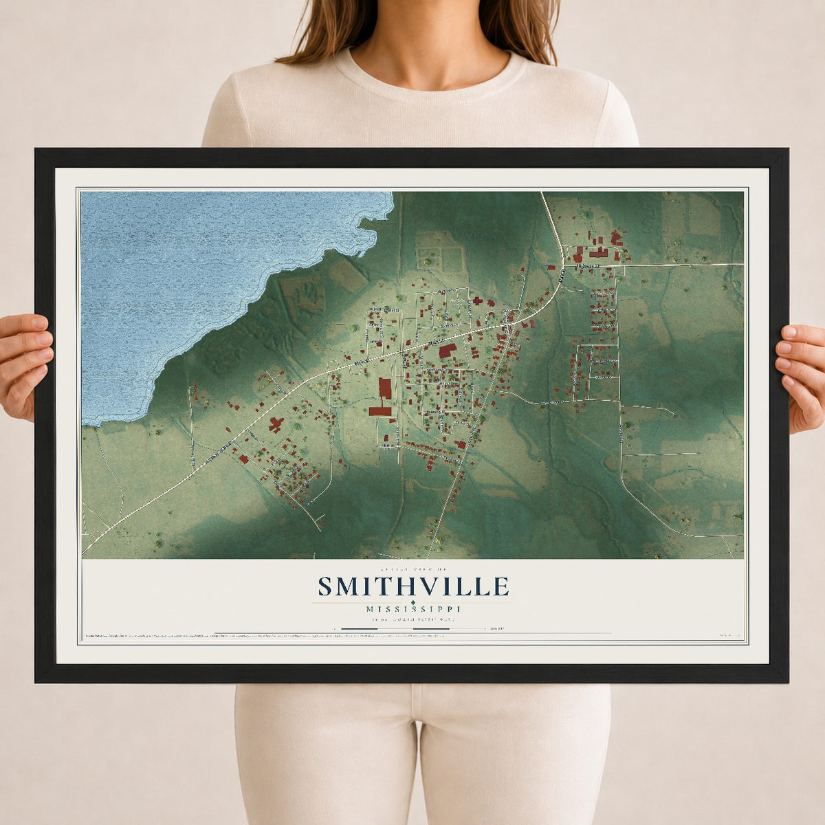 Map of Smithville, Mississippi, 18 x 24 inch print in a black wood frame