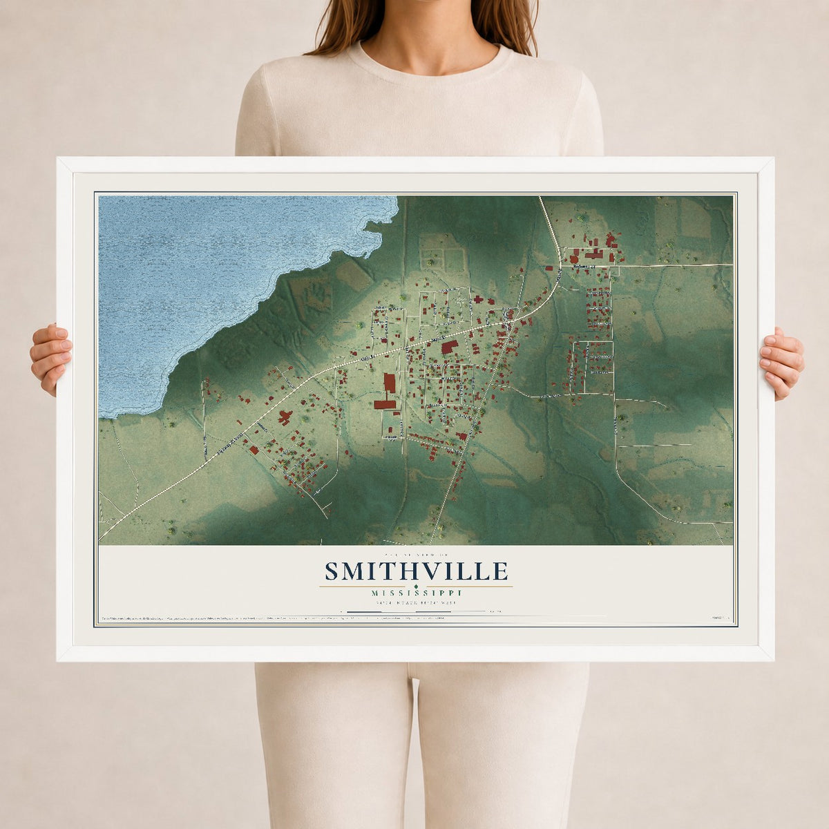 Map of Smithville, Mississippi, 24 x 36 inch print in a white wood frame