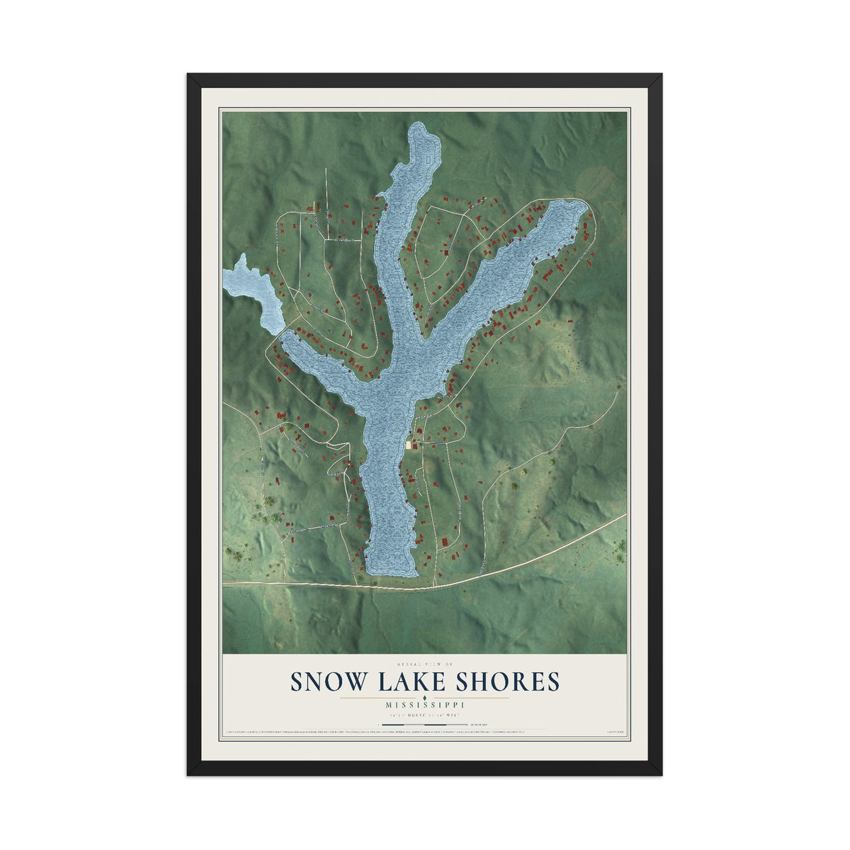 Map of Snow Lake Shores, Mississippi, 12 x 18 inch print in a black wood frame