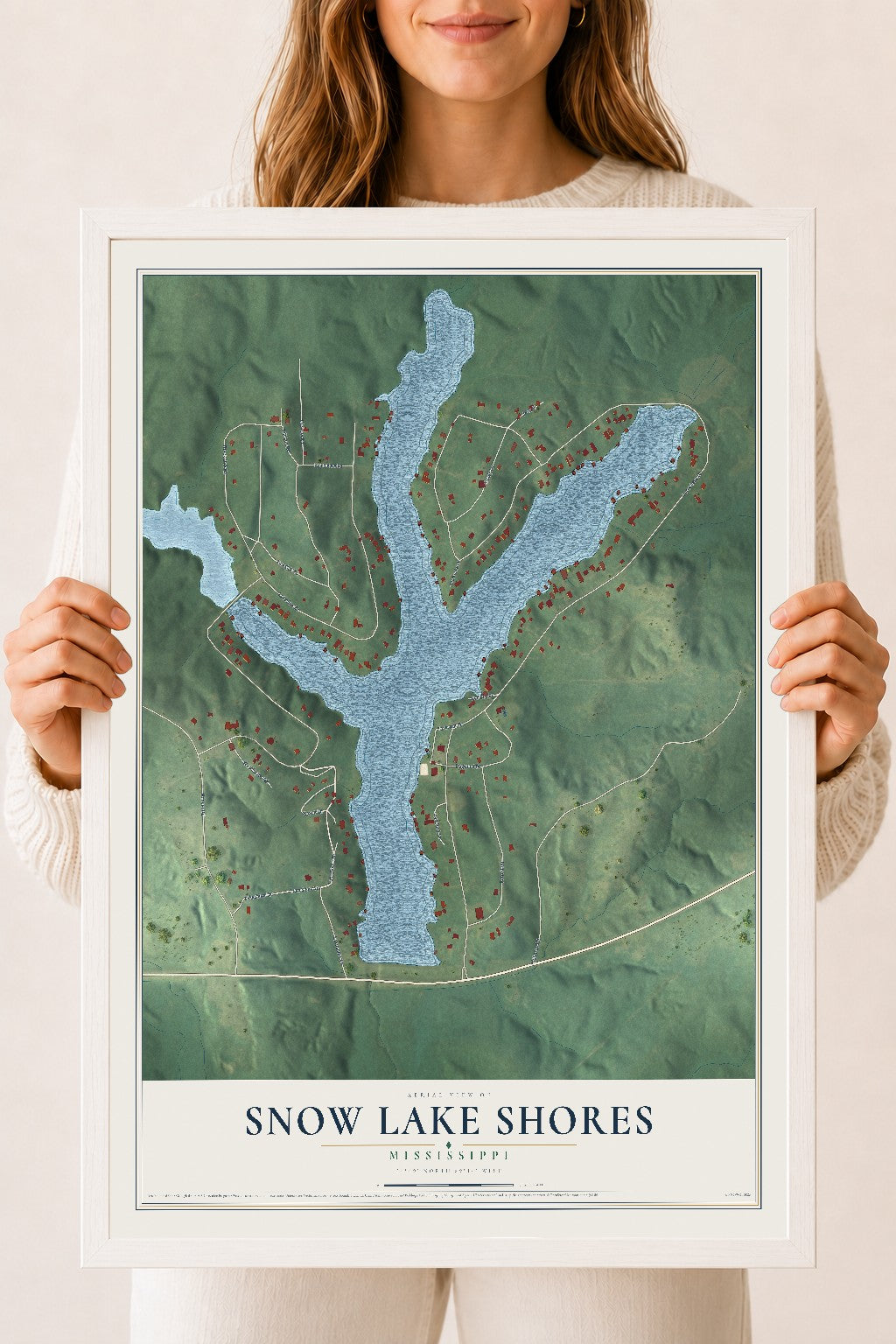 Map of Snow Lake Shores, Mississippi, 18 x 24 inch print in a white wood frame