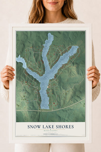Map of Snow Lake Shores, Mississippi, 18 x 24 inch print in a white wood frame