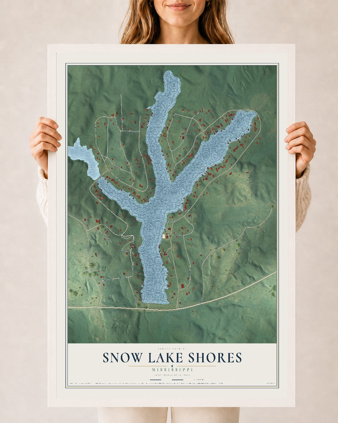 Map of Snow Lake Shores, Mississippi, 24 x 36 inch print in a white wood frame