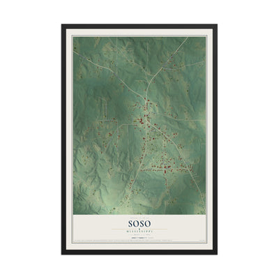 Map of Soso, Mississippi, 12 x 18 inch print in a black wood frame