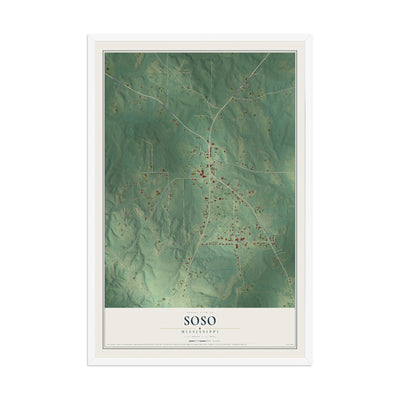 Map of Soso, Mississippi, 12 x 18 inch print in a white wood frame