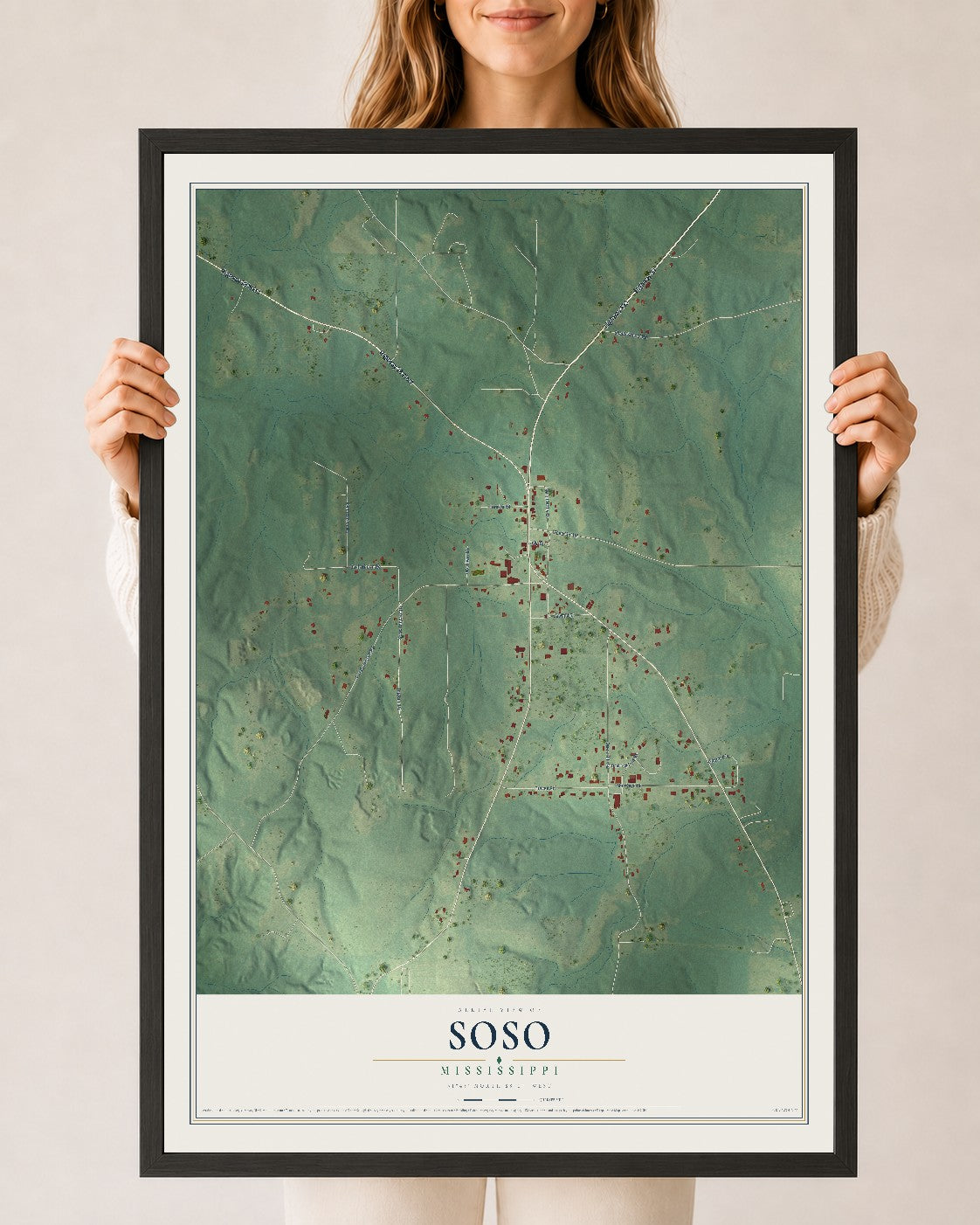 Map of Soso, Mississippi, 24 x 36 inch print in a black wood frame