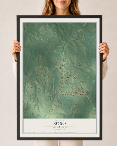 Map of Soso, Mississippi, 24 x 36 inch print in a black wood frame