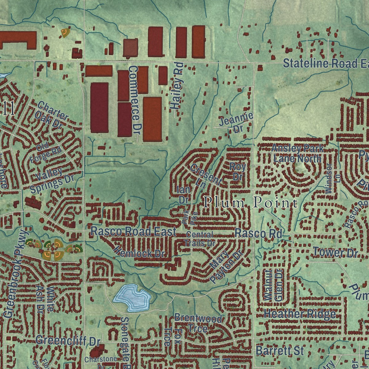 Close-up of the map of Southaven, Mississippi print showing street and building detail