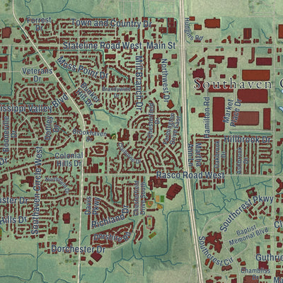 Second close-up of the map of Southaven, Mississippi print showing more streets and buildings