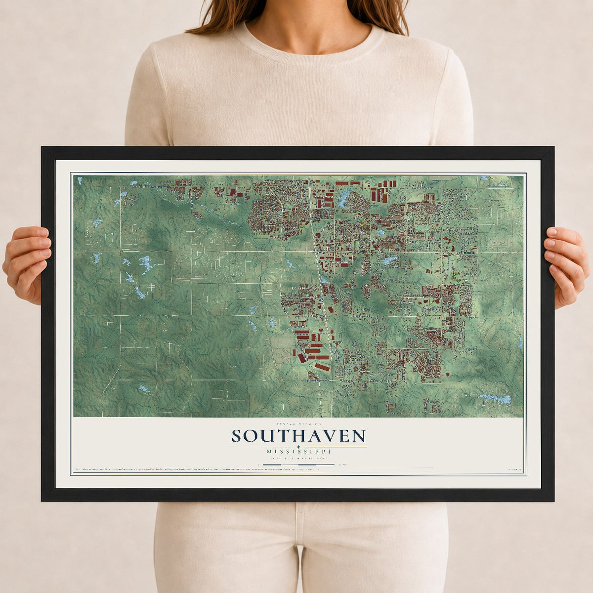 Map of Southaven, Mississippi, 12 x 18 inch print in a black wood frame