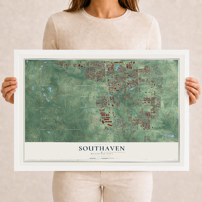 Map of Southaven, Mississippi, 12 x 18 inch print in a white wood frame