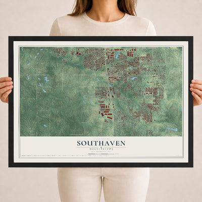 Map of Southaven, Mississippi, 18 x 24 inch print in a black wood frame