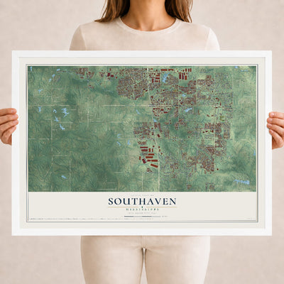 Map of Southaven, Mississippi, 18 x 24 inch print in a white wood frame