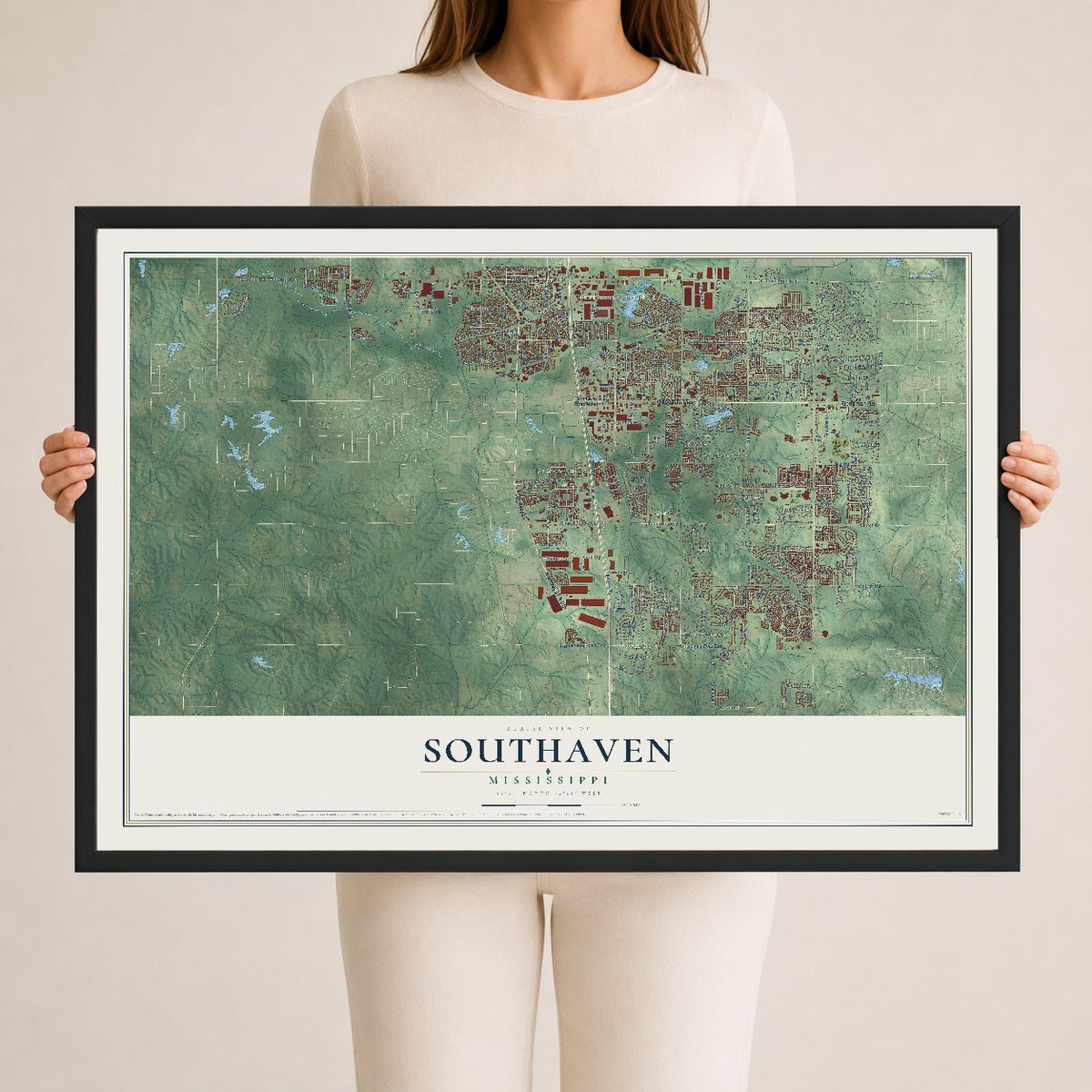 Map of Southaven, Mississippi, 24 x 36 inch print in a black wood frame