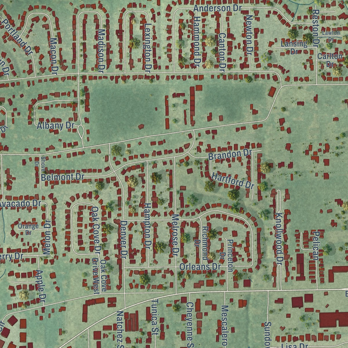 Close-up of the map of St. Martin, Mississippi print showing street and building detail
