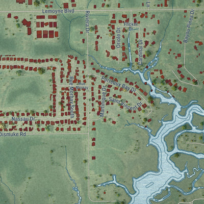 Second close-up of the map of St. Martin, Mississippi print showing more streets and buildings