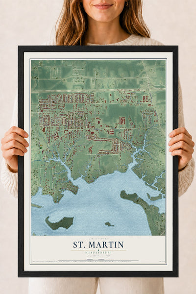 Map of St. Martin, Mississippi, 18 x 24 inch print in a black wood frame
