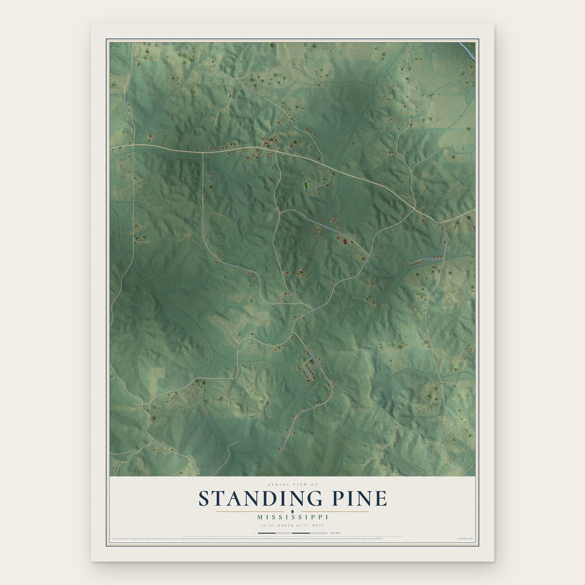 Standing Pine, Mississippi map print, the full design