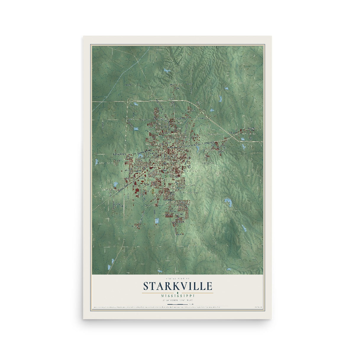 Map of Starkville, Mississippi, 12 x 18 inch unframed archival matte print