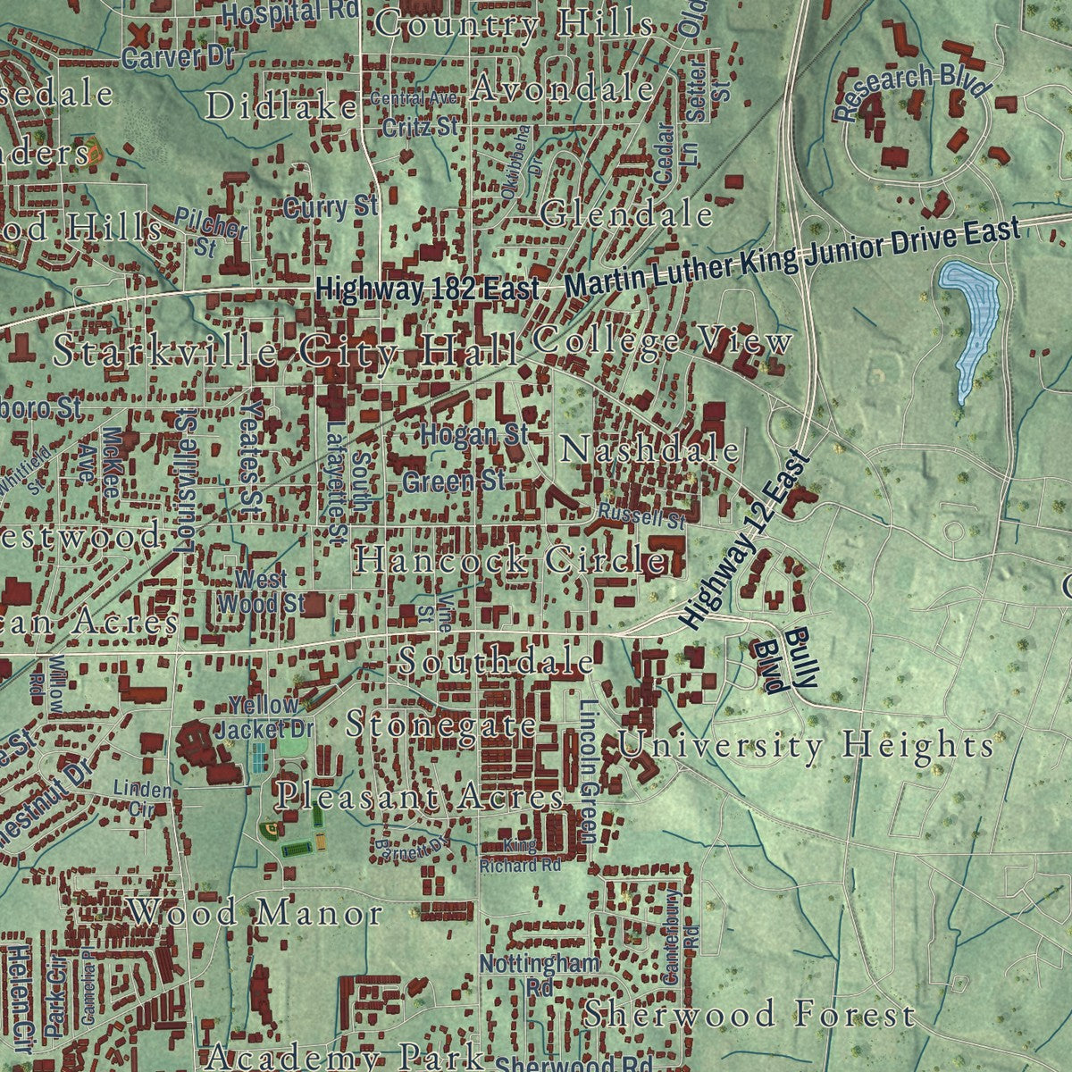 Close-up of the map of Starkville, Mississippi print showing street and building detail
