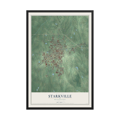 Map of Starkville, Mississippi, 12 x 18 inch print in a black wood frame