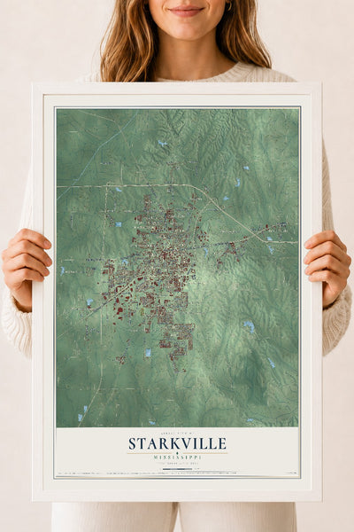 Map of Starkville, Mississippi, 18 x 24 inch print in a white wood frame