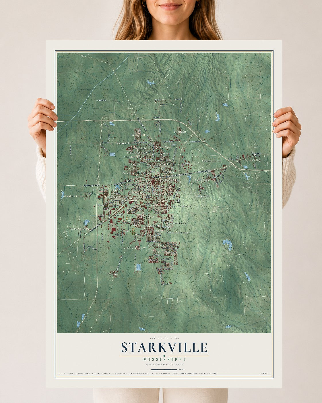 Map of Starkville, Mississippi, 24 x 36 inch unframed archival matte print