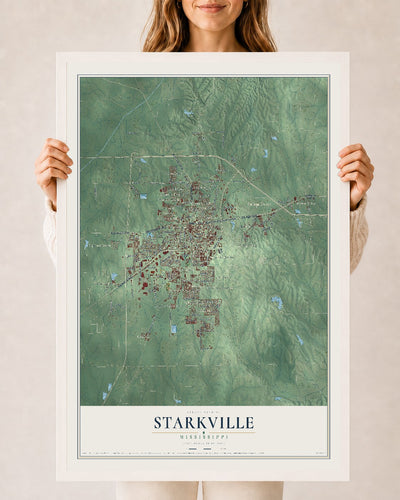 Map of Starkville, Mississippi, 24 x 36 inch print in a white wood frame