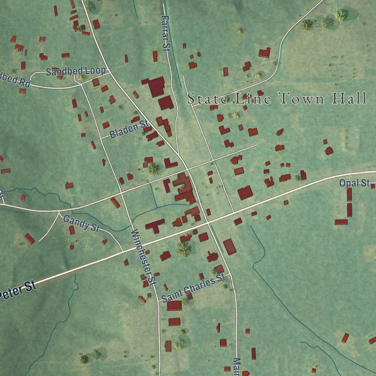Close-up of the map of State Line, Mississippi print showing street and building detail