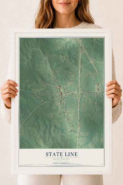 Map of State Line, Mississippi, 18 x 24 inch print in a white wood frame
