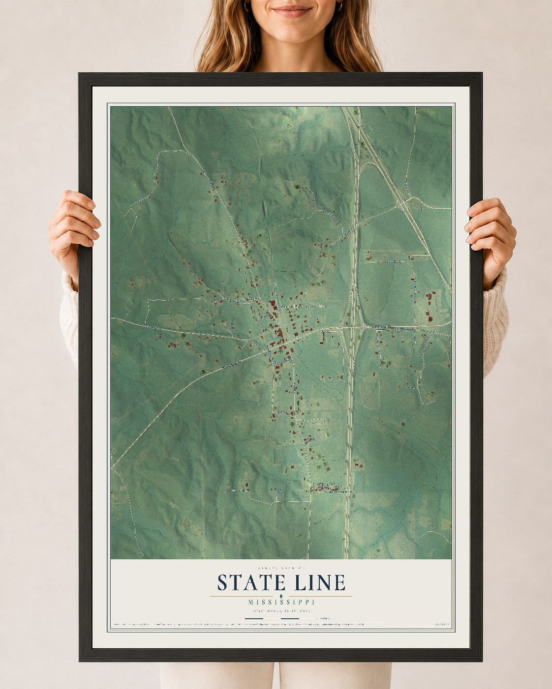 Map of State Line, Mississippi, 24 x 36 inch print in a black wood frame