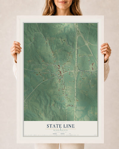 Map of State Line, Mississippi, 24 x 36 inch print in a white wood frame
