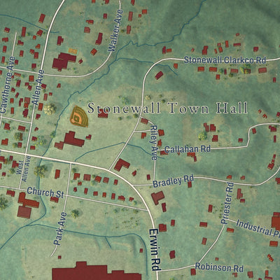 Close-up of the map of Stonewall, Mississippi print showing street and building detail