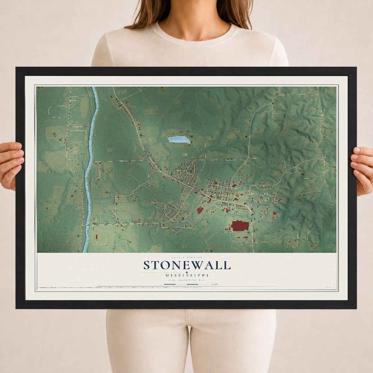 Map of Stonewall, Mississippi, 18 x 24 inch print in a black wood frame