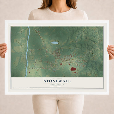 Map of Stonewall, Mississippi, 18 x 24 inch print in a white wood frame