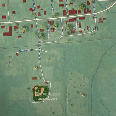 Close-up of the map of Sturgis, Mississippi print showing street and building detail