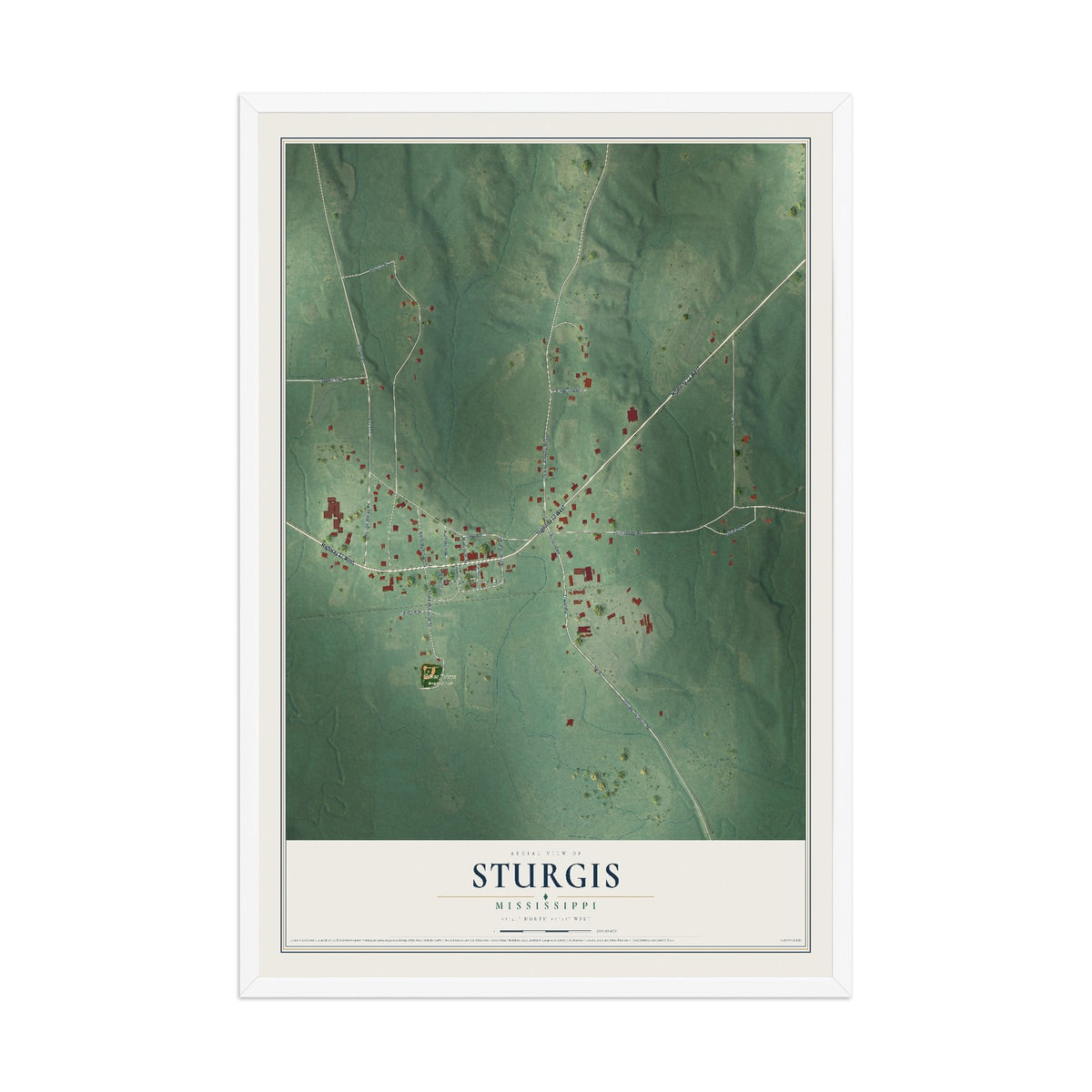 Map of Sturgis, Mississippi, 12 x 18 inch print in a white wood frame