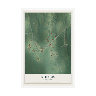 Map of Sturgis, Mississippi, 12 x 18 inch print in a white wood frame