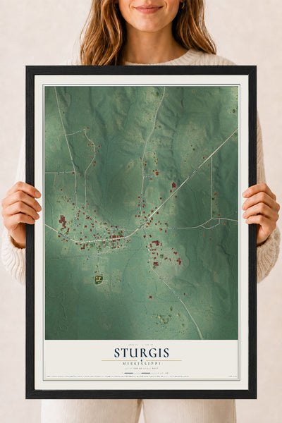 Map of Sturgis, Mississippi, 18 x 24 inch print in a black wood frame