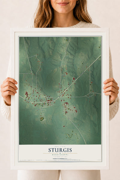 Map of Sturgis, Mississippi, 18 x 24 inch print in a white wood frame