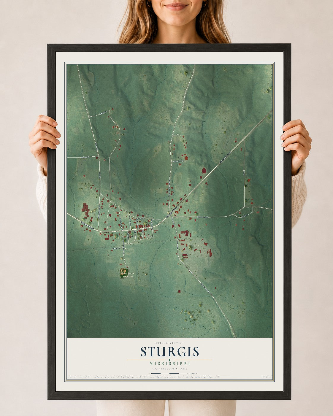 Map of Sturgis, Mississippi, 24 x 36 inch print in a black wood frame