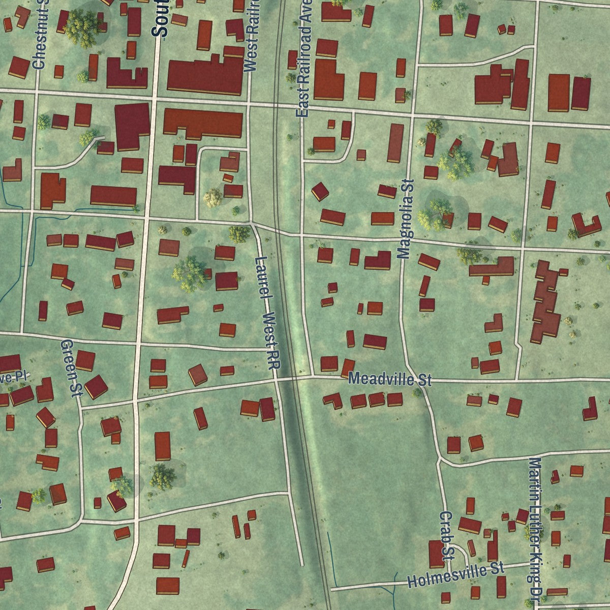Close-up of the map of Summit, Mississippi print showing street and building detail