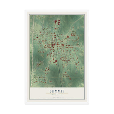 Map of Summit, Mississippi, 12 x 18 inch print in a white wood frame